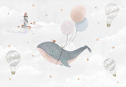 Whimsical Whale with Balloons Kids Wall Mural design