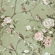 Soft Green Botanical Peonies and Birds Wallpaper design