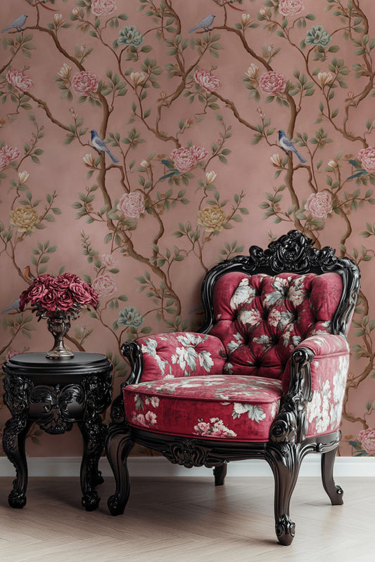 Blush Pink Botanical Bird and Floral Wallpaper