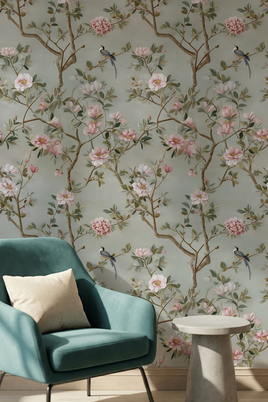 Sage Green Vintage Floral and Bird Wallpaper