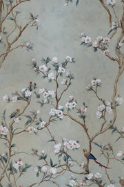 Muted Sage Green Floral Bird Wallpaper design