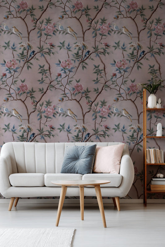 Soft Pink Chinoiserie Bird and Rose Wallpaper