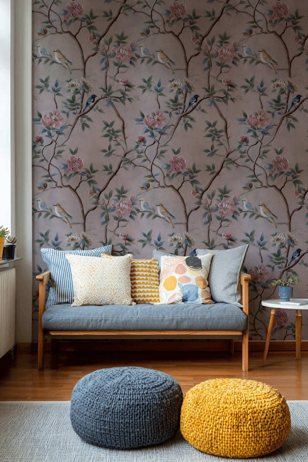 Soft Pink Chinoiserie Bird and Rose Wallpaper