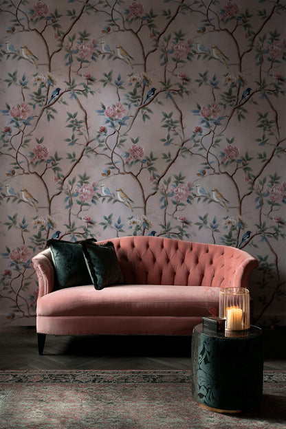 Soft Pink Chinoiserie Bird and Rose Wallpaper