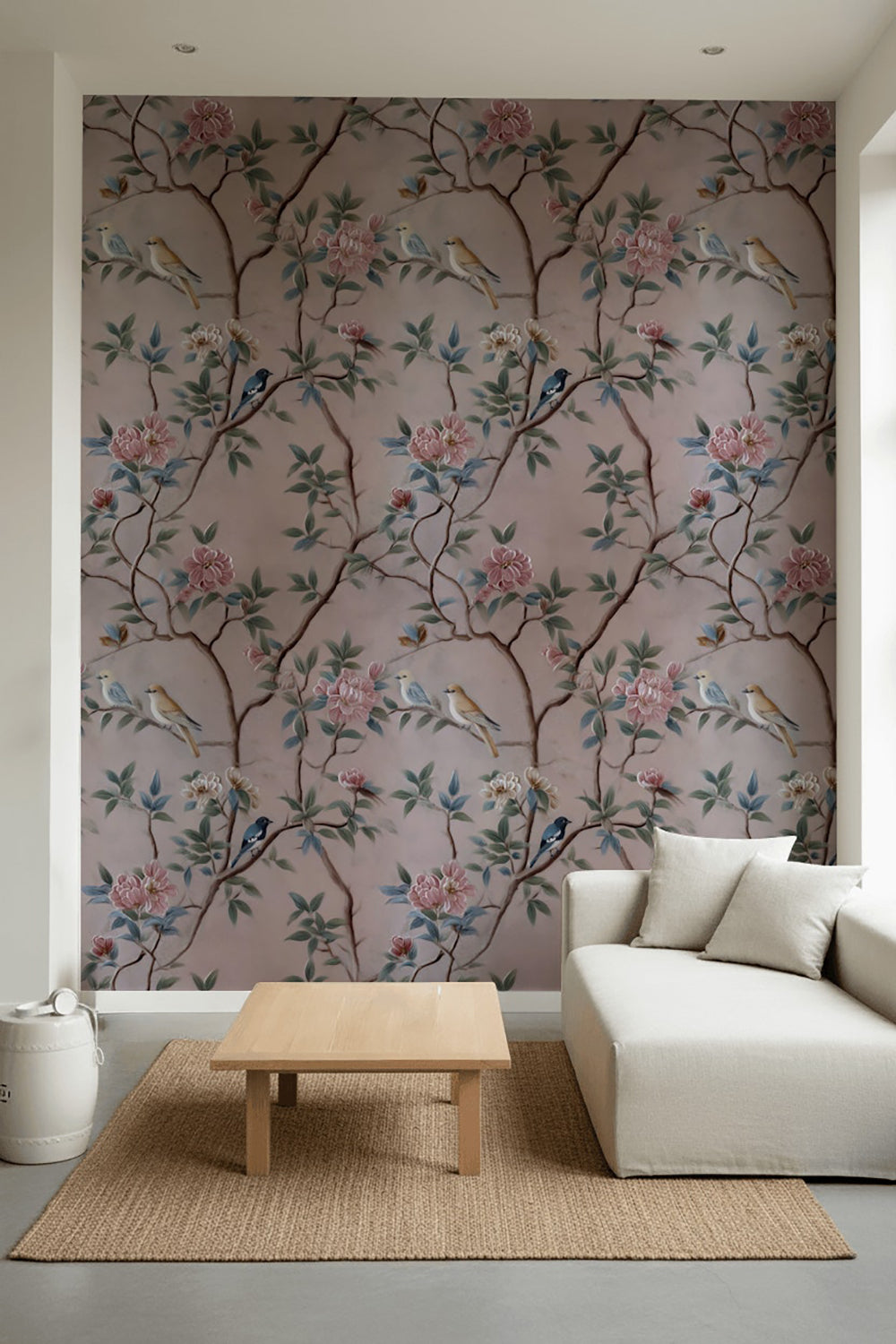 Soft Pink Chinoiserie Bird and Rose Wallpaper