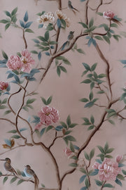 Soft Pink Chinoiserie Bird and Rose Wallpaper design