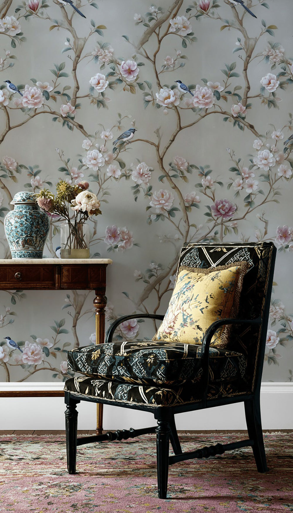 Beige Botanical Rose and Bird Harmony Wallpaper
