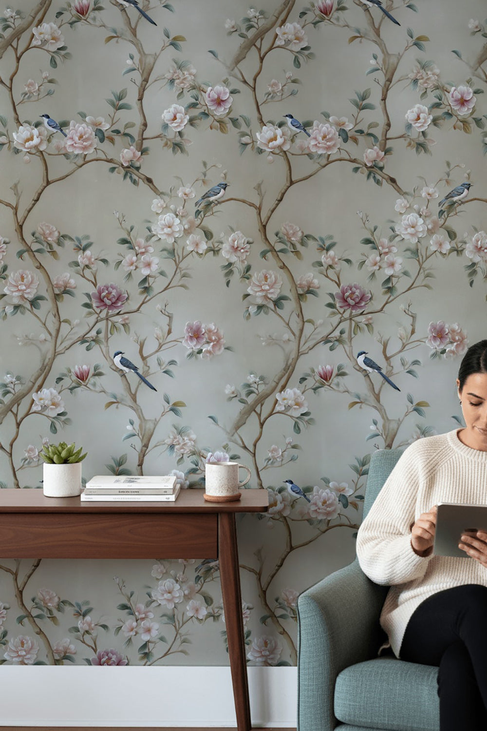 Beige Botanical Rose and Bird Harmony Wallpaper