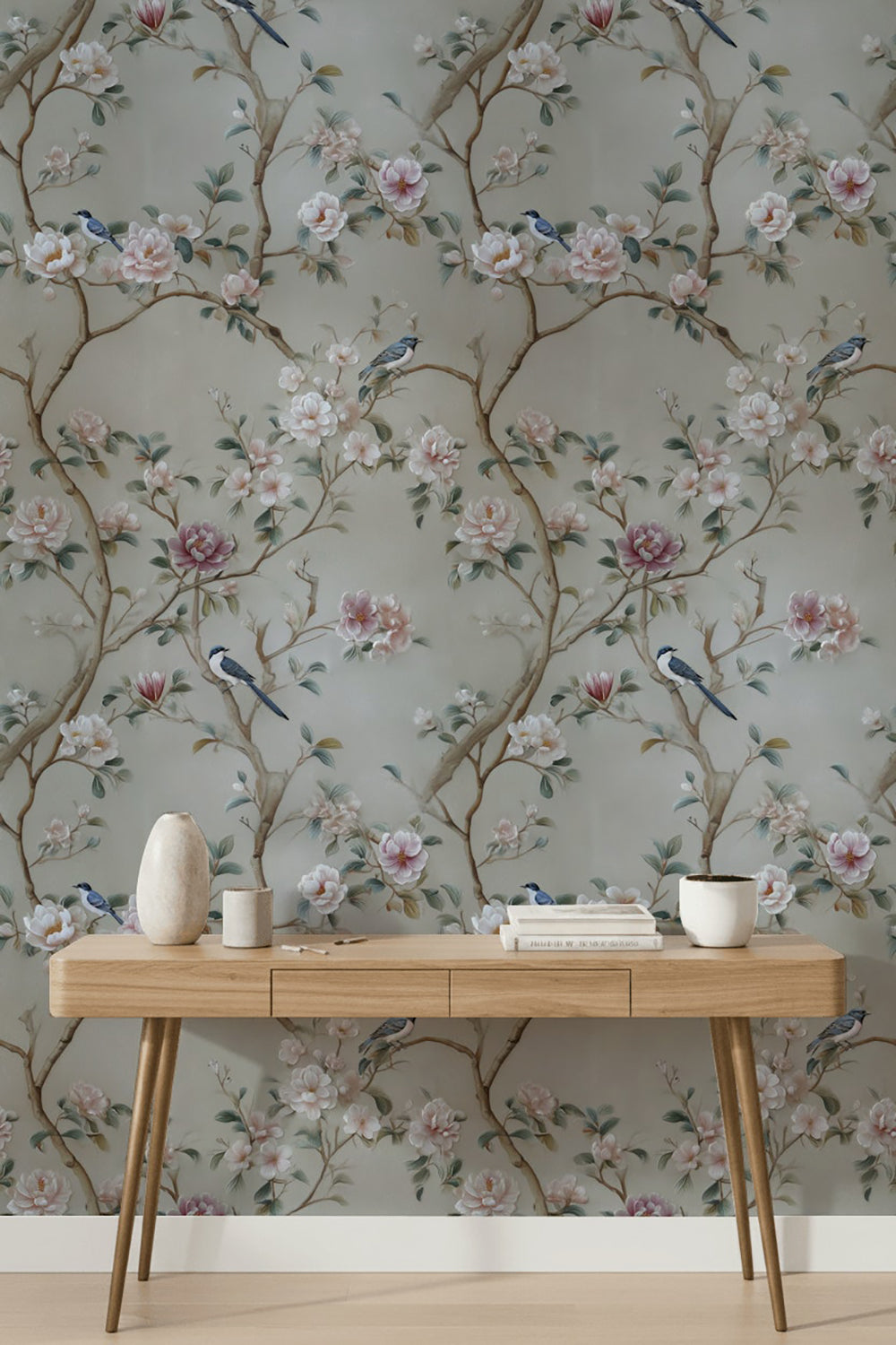 Beige Botanical Rose and Bird Harmony Wallpaper