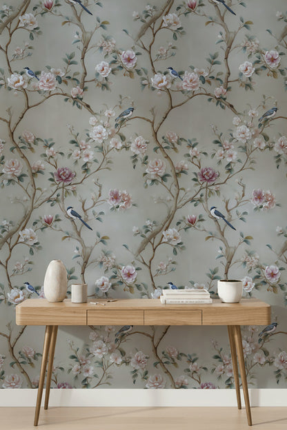 Beige Botanical Rose and Bird Harmony Wallpaper