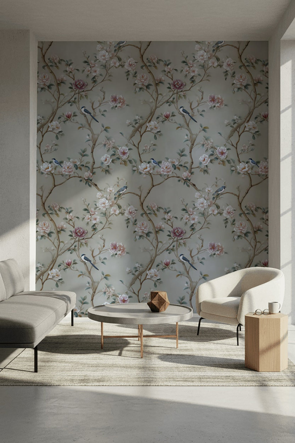 Beige Botanical Rose and Bird Harmony Wallpaper