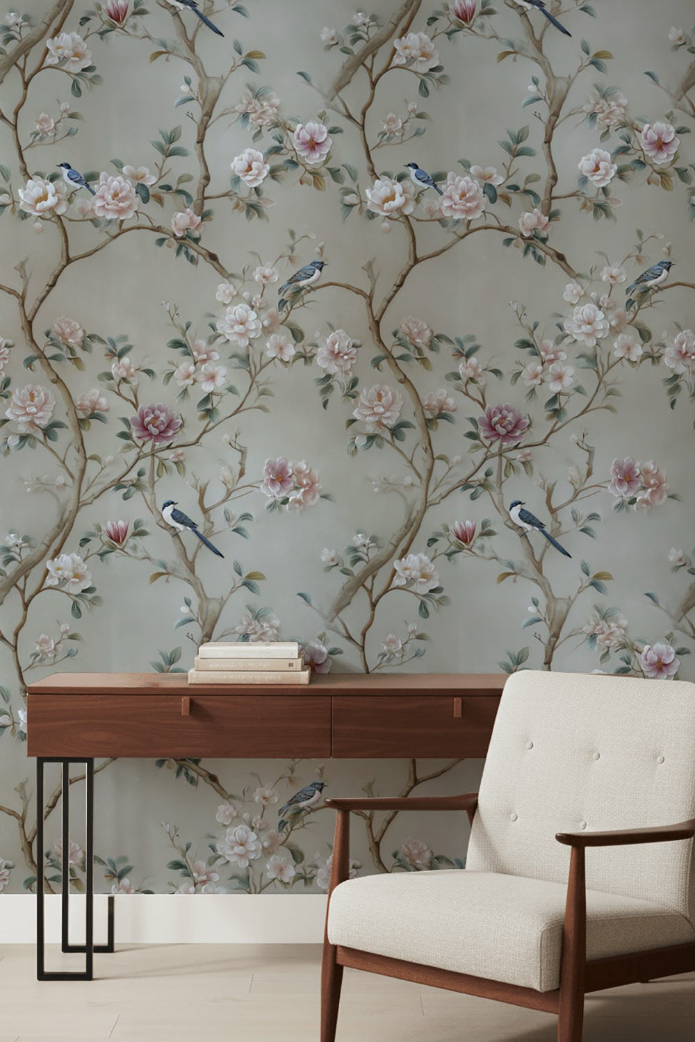 Beige Botanical Rose and Bird Harmony Wallpaper