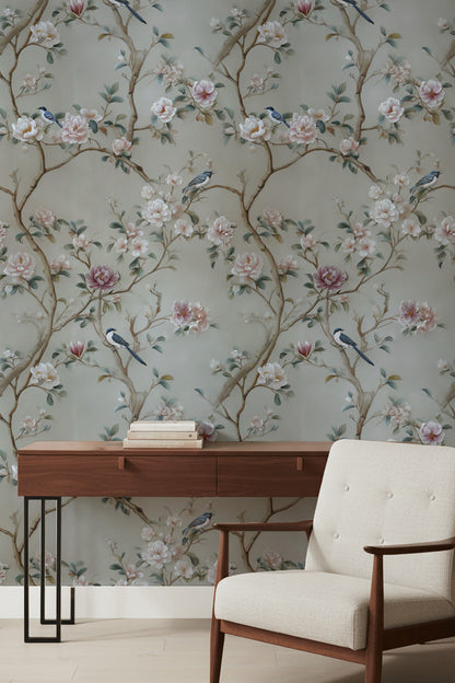 Beige Botanical Rose and Bird Harmony Wallpaper