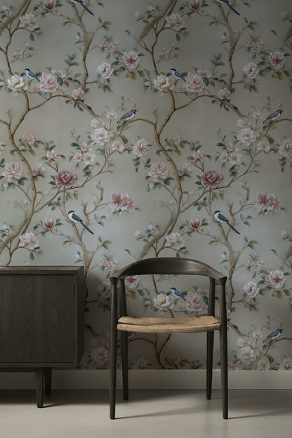 Beige Botanical Rose and Bird Harmony Wallpaper