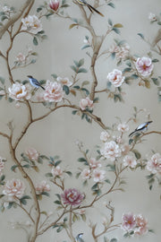 Beige Botanical Rose and Bird Harmony Wallpaper design