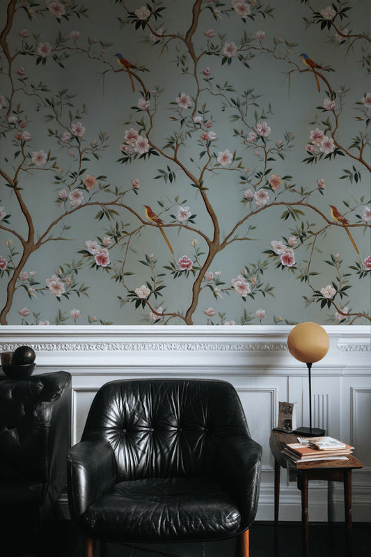 Sage Green Cherry Blossom and Bird Wallpaper