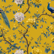 Golden Look Yellow Peacock and Rose Floral Wallpaper design