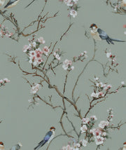 Sage Green Cherry Blossom Bird Wallpaper design
