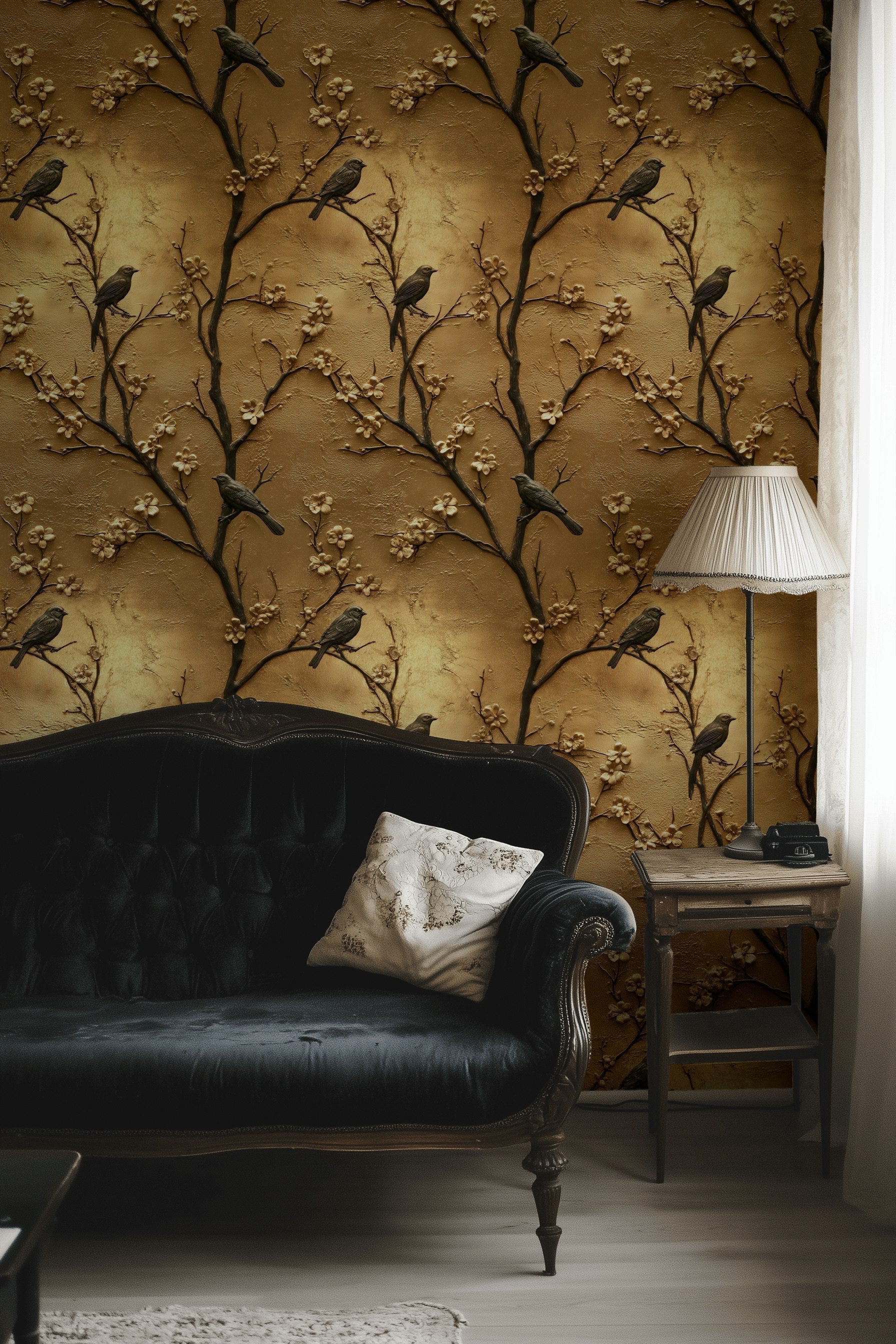 Rich Gold Look Cherry Blossom & Bird Wallpaper