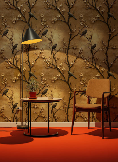 Rich Gold Look Cherry Blossom & Bird Wallpaper