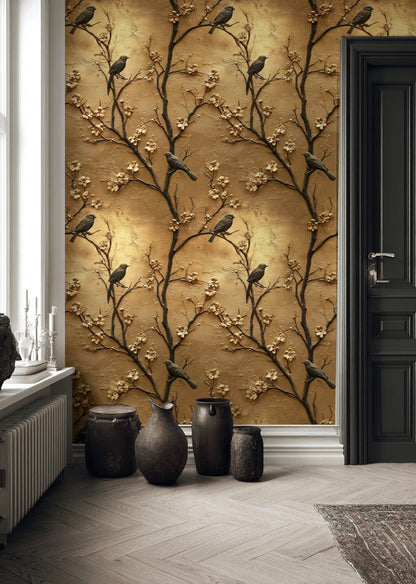 Rich Gold Look Cherry Blossom & Bird Wallpaper