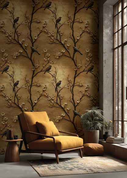 Rich Gold Look Cherry Blossom & Bird Wallpaper