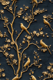 Black and Gold Look Bird and Cherry Blossom Wallpaper design
