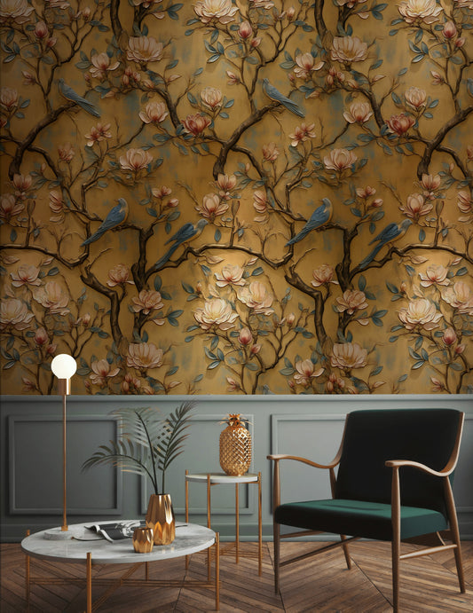 Vintage Beige Magnolia and Bluebird Wallpaper