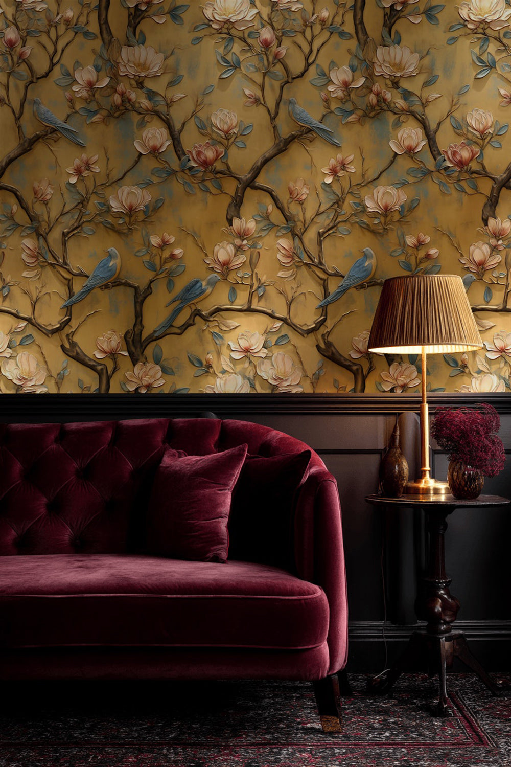 Vintage Beige Magnolia and Bluebird Wallpaper