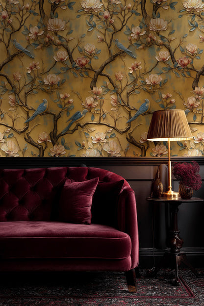 Vintage Beige Magnolia and Bluebird Wallpaper