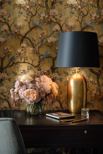 Vintage Beige Magnolia and Bluebird Wallpaper