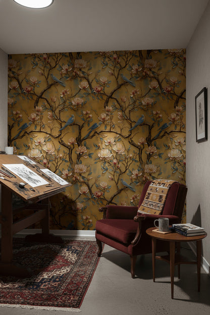 Vintage Beige Magnolia and Bluebird Wallpaper