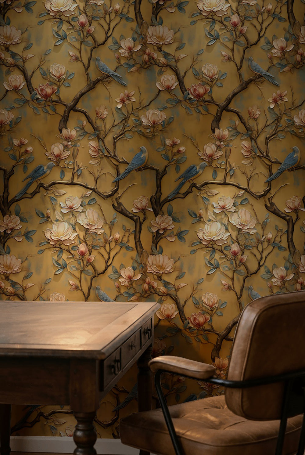 Vintage Beige Magnolia and Bluebird Wallpaper