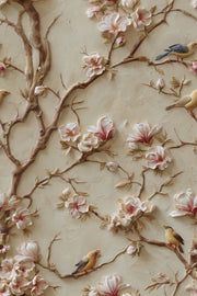 Beige Magnolia Blossom and Bird Wallpaper design
