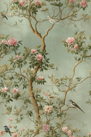 Sage Green Peony and Bird Vintage Wallpaper design