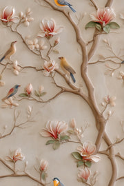 Cream Magnolia and Birds Floral Wallpaper design