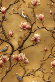 Golden Look Magnolia Branches with Birds Wallpaper design