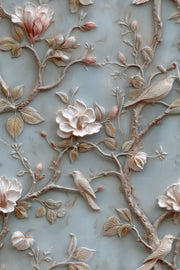 Powder Blue Magnolia and Bird Floral Wallpaper design