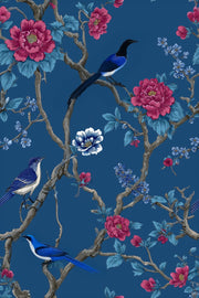Deep Blue Floral and Bird Design Wallpaper design