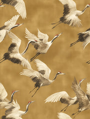 Golden Look Brown Crane Bird Pattern Wallpaper design