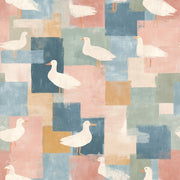 Beige and Blue Patchwork Bird Pattern Wallpaper design