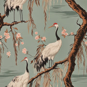 Sage Green Chinoiserie Crane and Cherry Blossom Wallpaper design