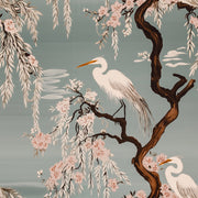 Muted Teal Chinoiserie Bird and Blossom Wallpaper design