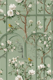 Sage Green Magnolia and Bird Arched Pattern Wallpaper design