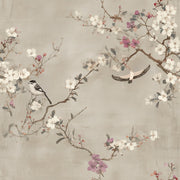 Neutral Beige Cherry Blossom and Birds Wallpaper design