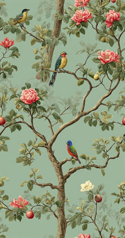 Sage Green Chinoiserie Birds and Roses Wallpaper design