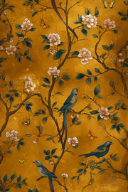 Golden Look Yellow Chinoiserie Bird and Blossom Wallpaper design