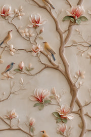 Cream Magnolia and Bird Branch Wallpaper design