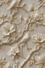 Beige 3D Magnolia and Bird Botanical Wallpaper design