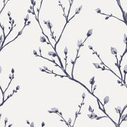 White and Navy Blue Branch Botanical Wallpaper design